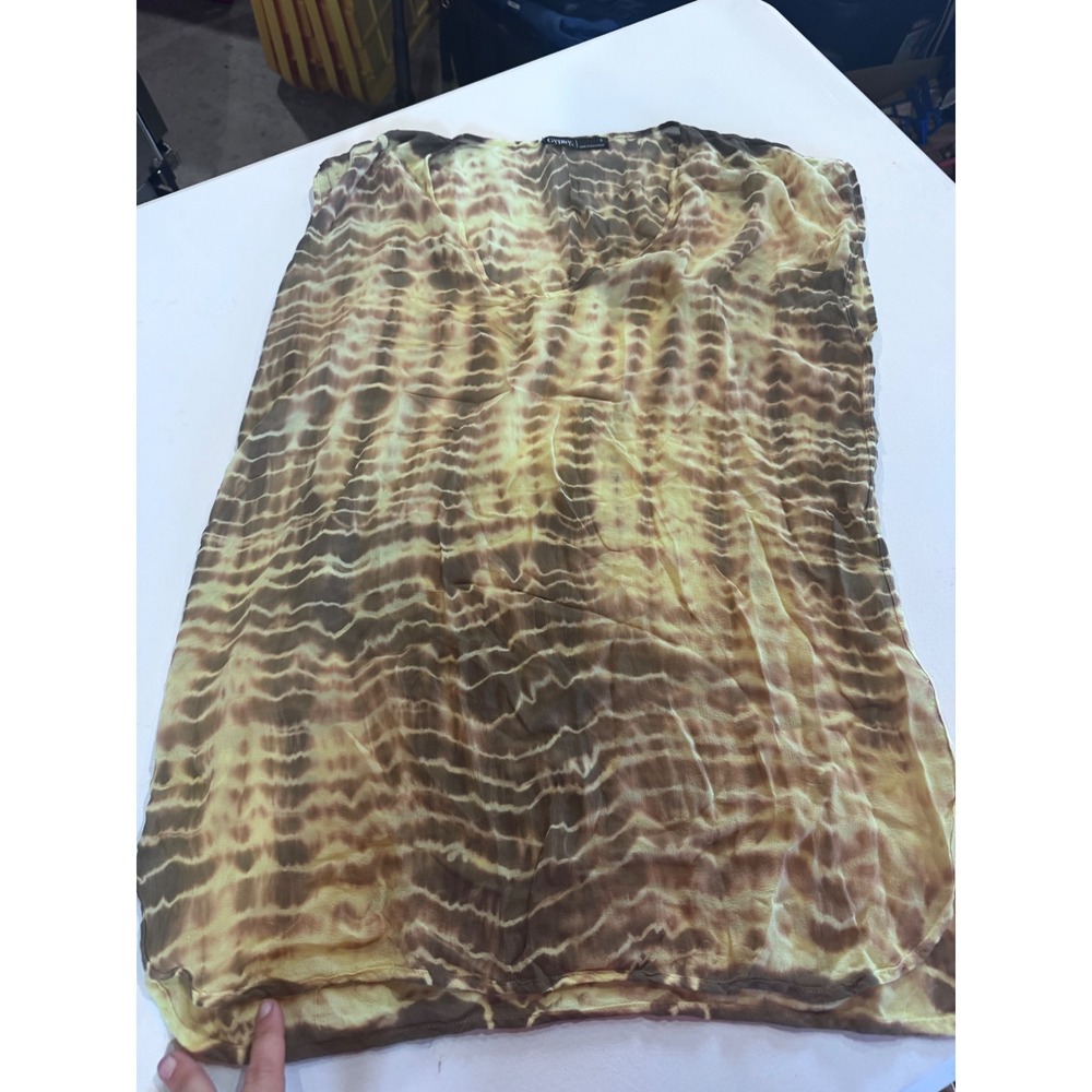 Gypsy 05 Womens Small Brown Yellow Tie Dye Silk V-Neck Tunic Top Short Sleeve